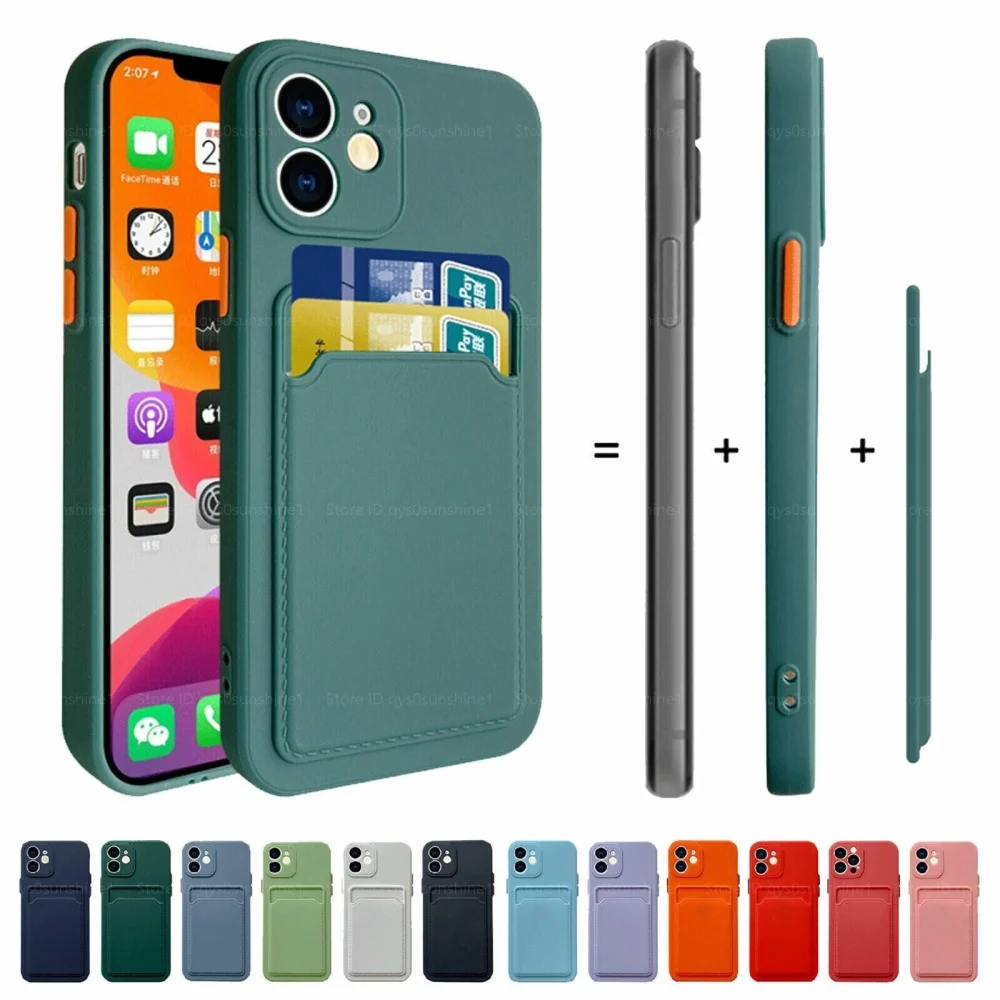 For iPhone 16 15 14 13 Pro 11 Phone Case Silicone Cover With Wallet Card Holder
